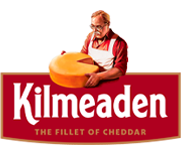 Kilmeaden The Fillet of Cheddar logo. Logo contains man with glasses and moustache examining a wheel of cheese.